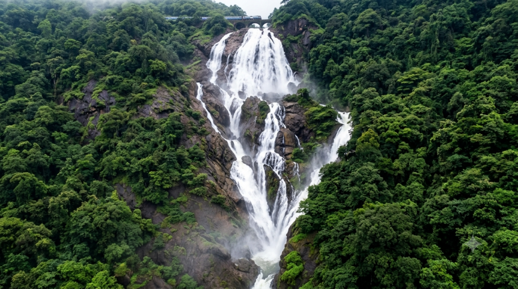 Tall white cascade of Dudhsagar Waterfalls in the Western Ghats, Goa