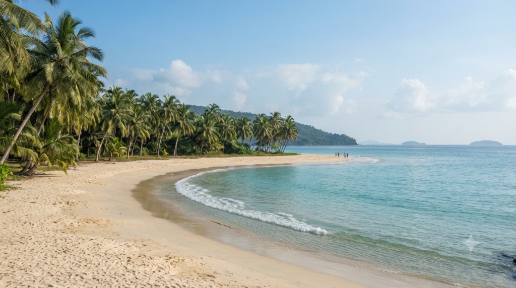 Corbyn's Cove beach in Port Blair, Andaman, in the late morning. Palm-lined sand at Corbyn's Cove Beach in Port Blair, Andaman