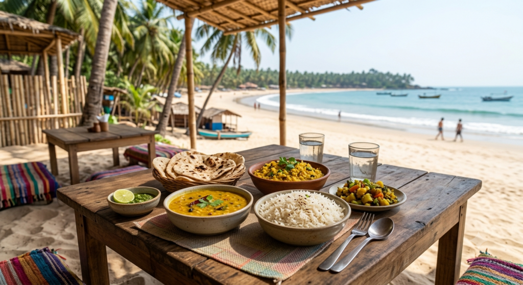 beachside restaurant table in Palolem, Goa at lunchtime. Vegetarian lunch near Palolem beach at one of the pure veg and Jain restaurants in Goa