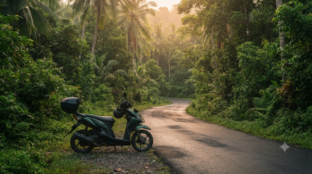 Early morning road to Kalapathar Beach Havelock through green island forest