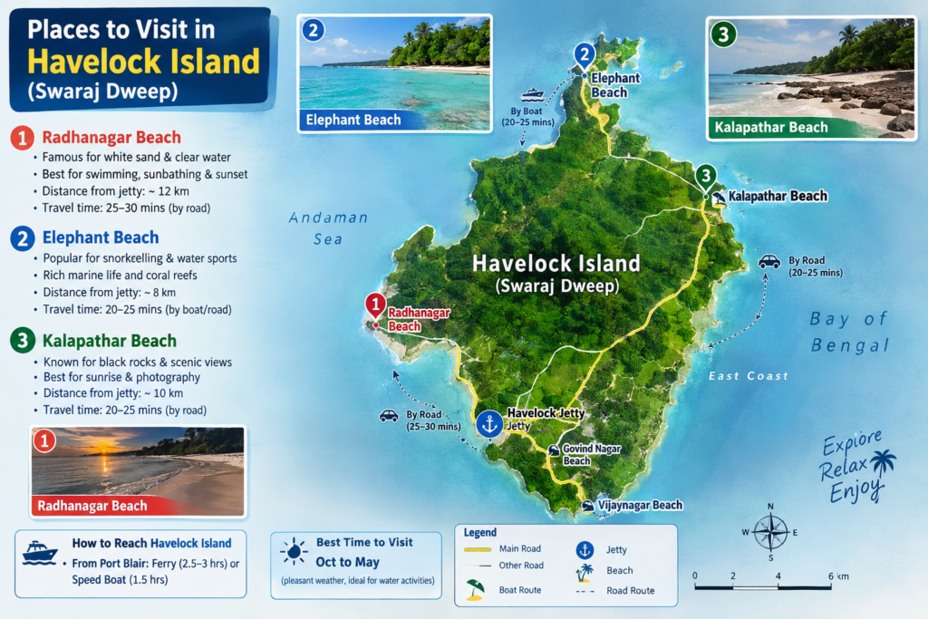 map of Havelock Island (Swaraj Dweep) with simple pins for Havelock Jetty, Govind Nagar, Radhanagar Beach, Elephant Beach, Kalapathar and Vijaynagar, teal and green palette Map of places to visit in Havelock Island with Radhanagar, Elephant Beach and Kalapathar