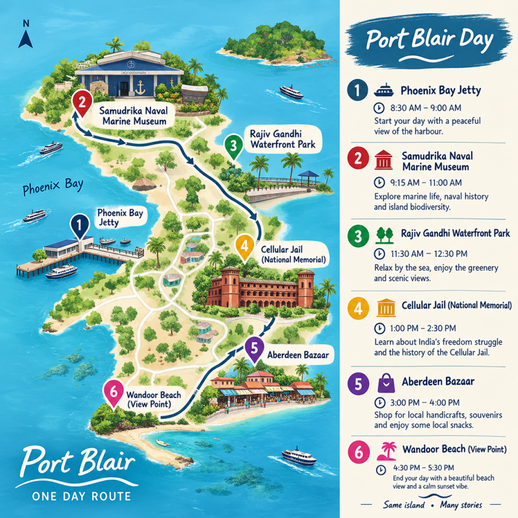 Port Blair Day_ Island Explorer Route Simple route graphic of a Port Blair day that includes the Samudrika Naval Marine Museum