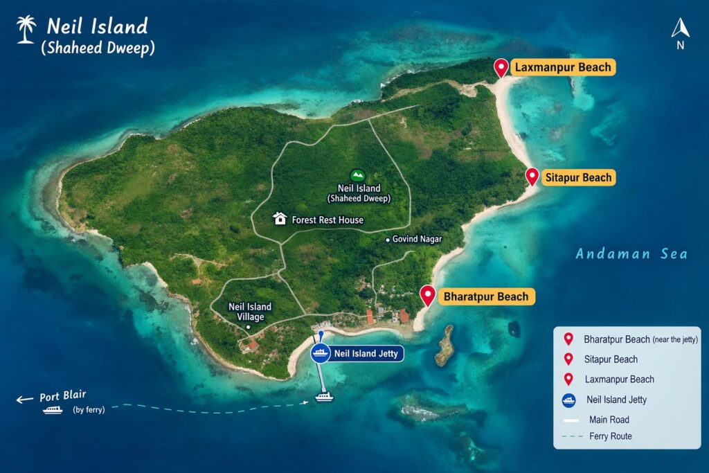 map of Neil Island (Shaheed Dweep) showing the jetty, Bharatpur Beach, Sitapur Beach, Laxmanpur Beach and the Natural Bridge Map showing Bharatpur Beach Neil Island close to the jetty with Sitapur and Laxmanpur beaches