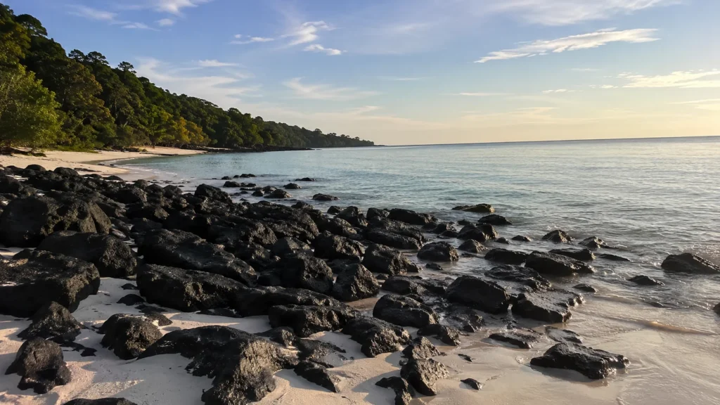 Black rocks and tide pool at Kalapathar Beach Havelock in morning light