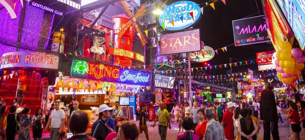 Neon lights on Walking Street, a lively night stop in Pattaya sightseeing