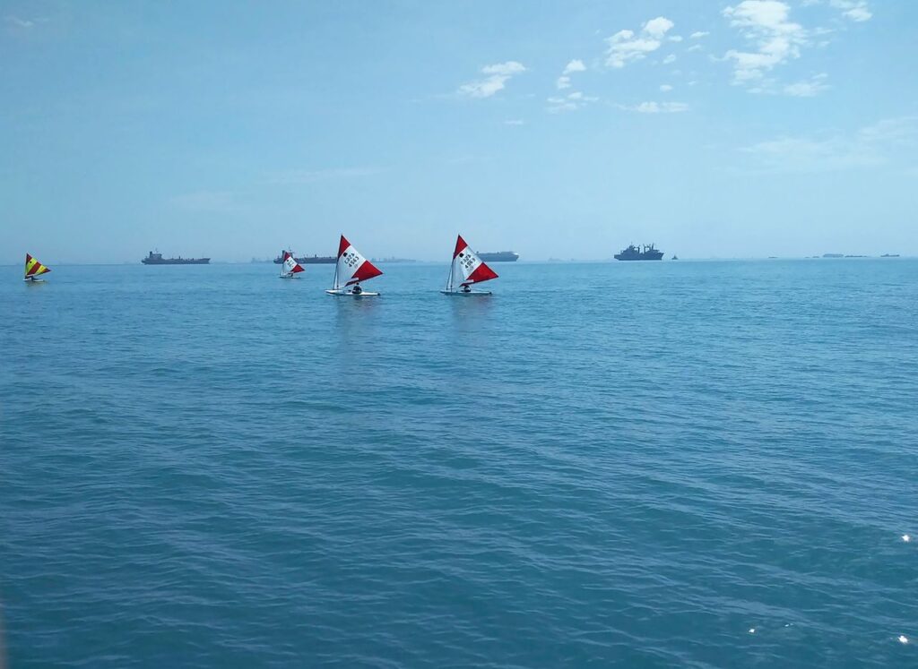 Sailing dinghies competing on open ocean with distant ships in view, under a clear sky.