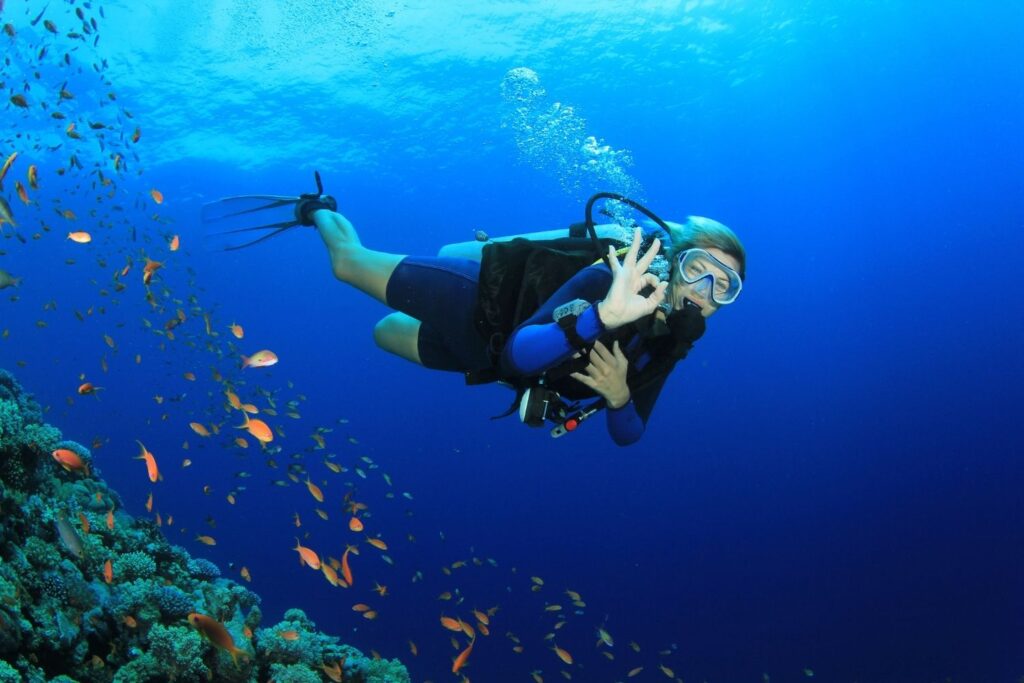 Scuba diver and fish underwater, an underwater highlight among the best water sports in Goa